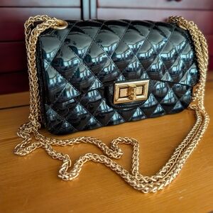 Black Quilted Patent Crossbody Bag with Gold-Tone Chain and Turn-Lock